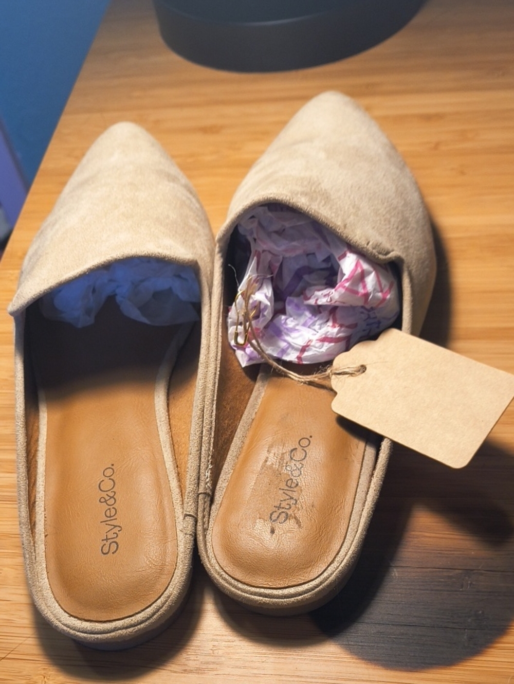 Style & Co. Mulan Khaki Faux Suede Pointed Toe Slip On Slipper Mules 7.5